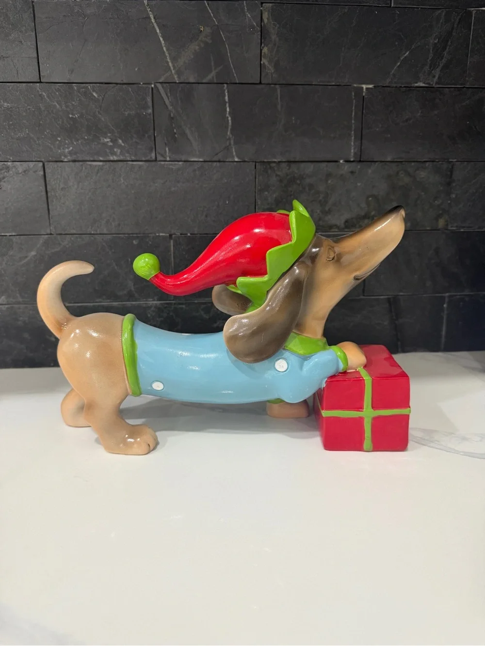 Festive Dachshund Dog Figurine Christmas Decor - Blue & Red